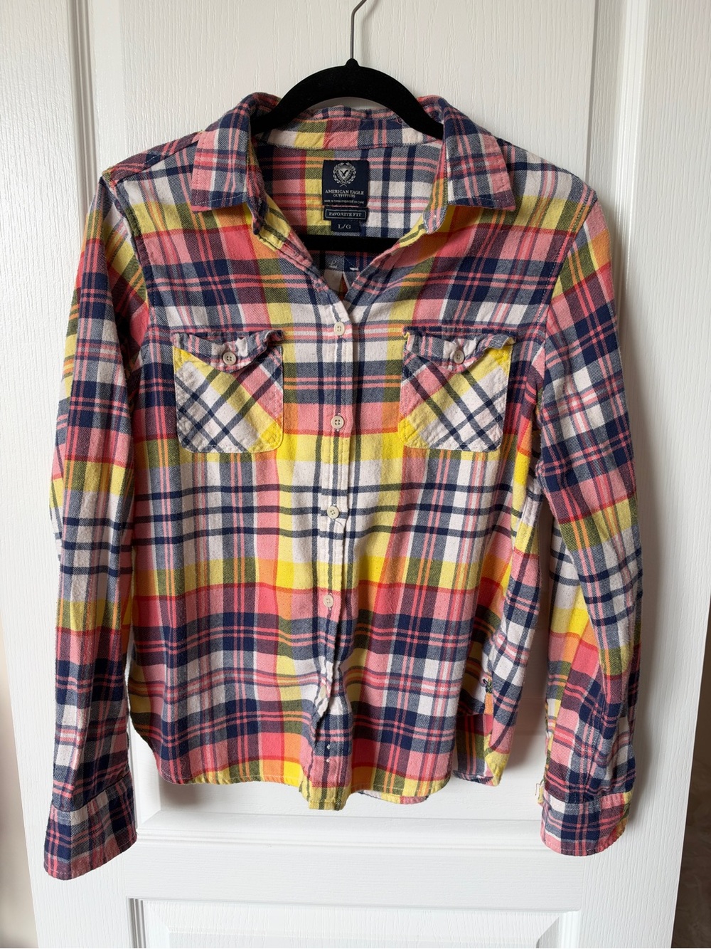 American Eagle Outfitters Pink Yellow Navy Plaid Flannel Shirt